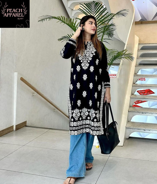 Restock in new rates 
*NOW AVAILABLE IN BLACK Medium*

New article is launched 
Brand 


*INDIAN SOFT COTTON EMBROIDERED KURTIS NOW AVAILABLE IN STANDARD SIZES*


*MEDIUM MEASUREMENTS*
Chest 21/ 21.5
Length 48
Sleeves 20
Shoulder 15

STUFF Soft Cotton

CO