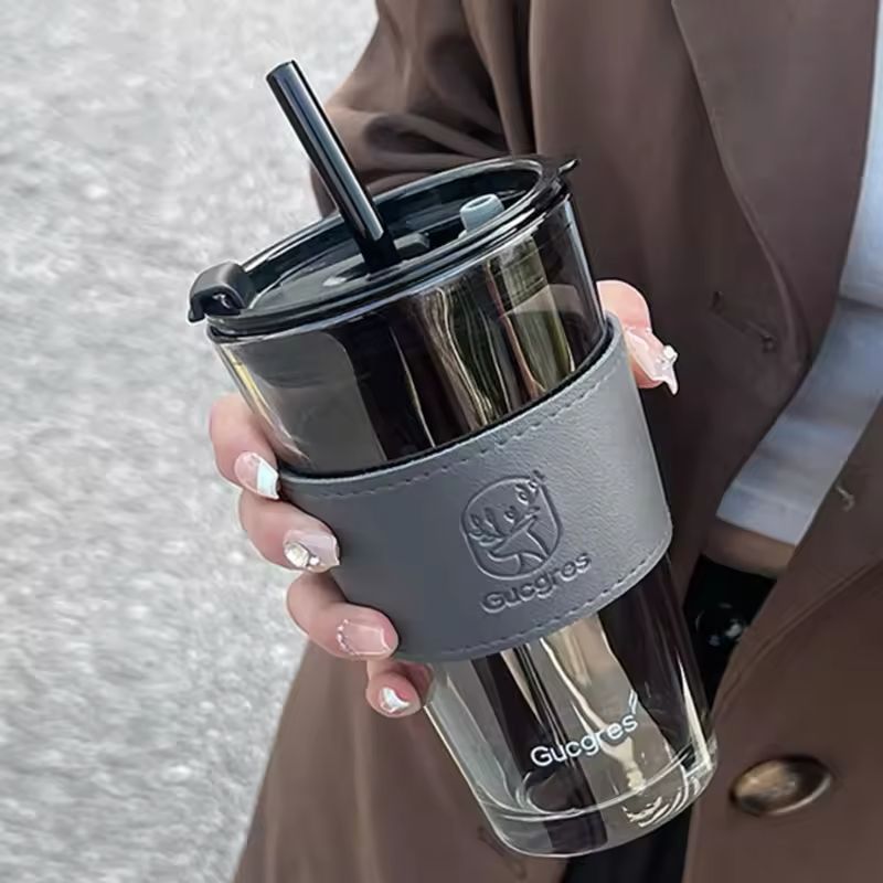 Bamboo Joint Glass Material Cup with Glass Straw and Leather Grip