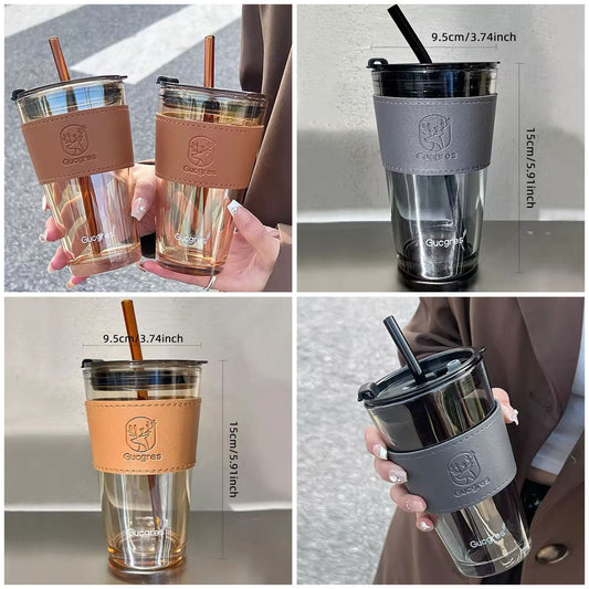 Bamboo Joint Glass Material Cup with Glass Straw and Leather Grip