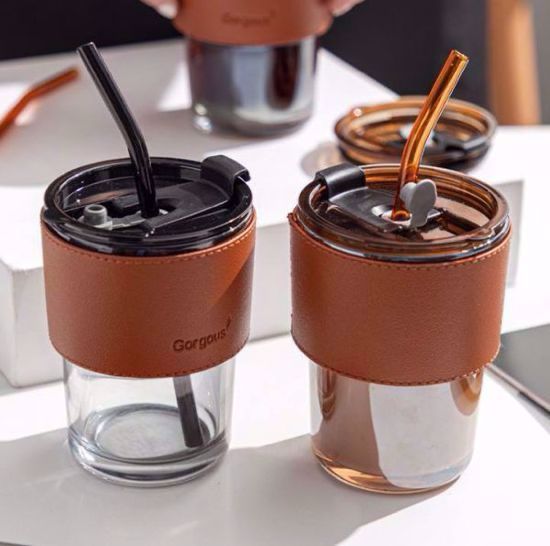 Bamboo Joint Glass Material Cup with Glass Straw and Leather Grip