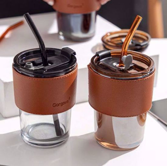 Bamboo Joint Glass Material Cup with Glass Straw and Leather Grip